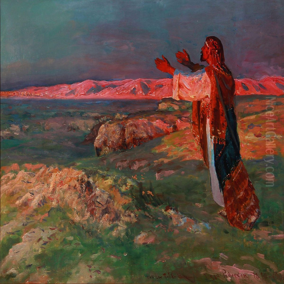 Izak Is Seeing Rebecca Coming Oil Painting by Viggo Christian Frederick Pedersen