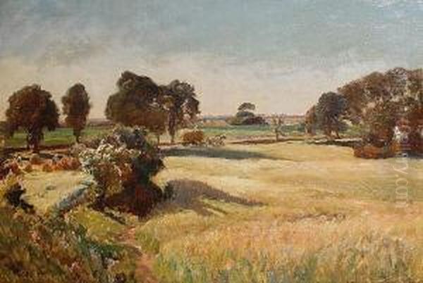 Haymakers In A Summer Landscape Oil Painting by Viggo Christian Frederick Pedersen