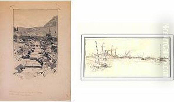 A Stairway Leading Up The Valley; Also 2 Watercolors By Other Hands (3) Oil Painting by Ernest Clifford Peixotto