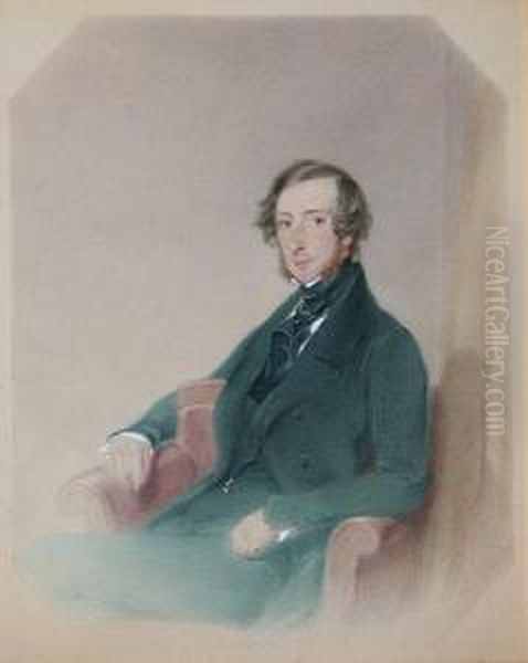 A Gentleman, Three-quarter Length, Seated Wearing A Dark Suit; A Lady, Three-quarter Length, Seated Wearing A White Chiffon And Silk Dress Oil Painting by James Pelham