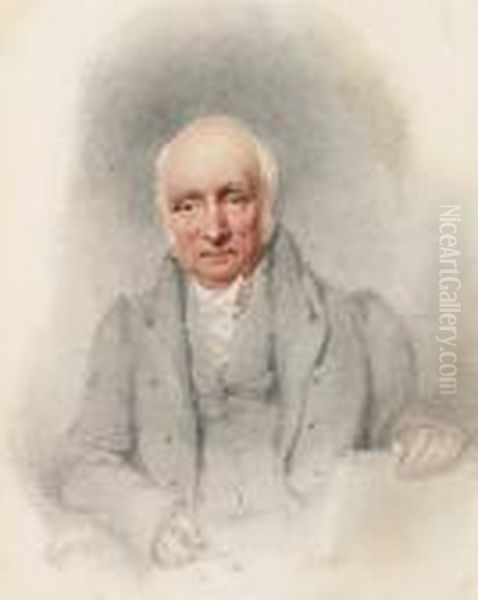 Two Portraits: The Artist's Mother, Seated, Wearing Dress, Shawl And Bonnet; And A Gentleman, Wearing Grey Coat And Waistcoat, Holding Spectacles Oil Painting by James Pelham