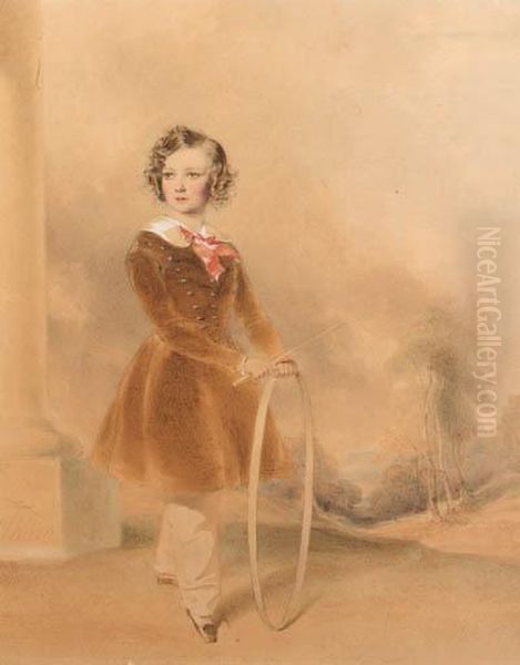 A Portrait Of A Young Boy, Full-length, Holding A Hoop And A Whipin An Open Landscape Oil Painting by James Pelham