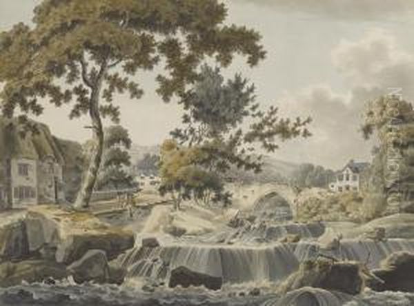 Elegant Figures Resting By A River, Possibly Ivy Bridge,devon Oil Painting by Thomas Kent Pelham