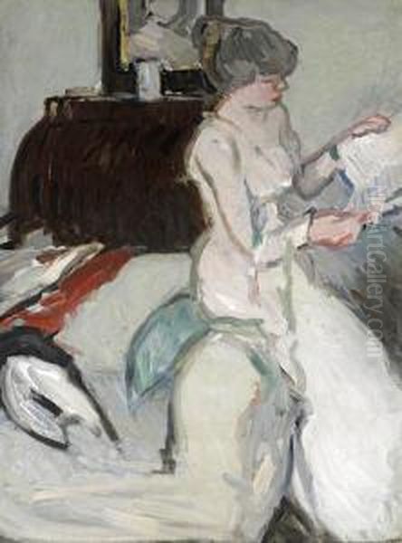 Interior With Girl In White Oil Painting by Samuel John Peploe