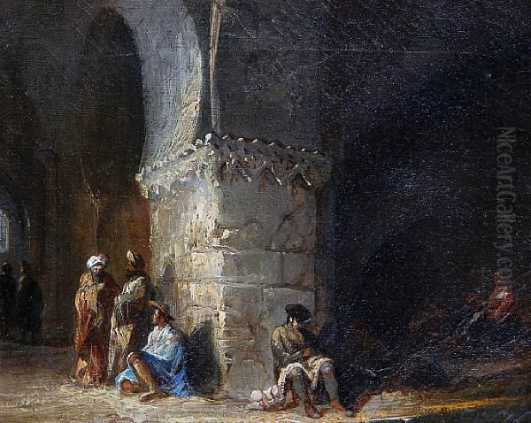 Figures In A Cathedral Interior Oil Painting by Genaro Perez Villaamil Y Duguet