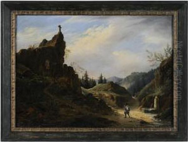 Landscape With Grotto Of The Blessed Virgin Oil Painting by Pernot, Francois Alexandre