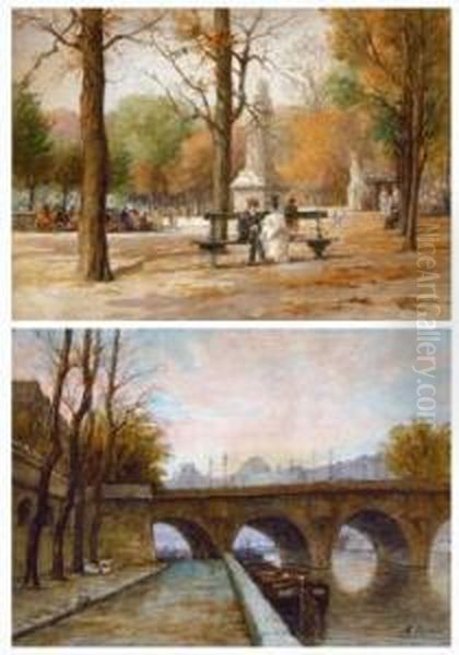 La Conversation Galante Au Jardin Du Luxembourg. - Le Pont-neuf. Oil Painting by Gabriel Perrin