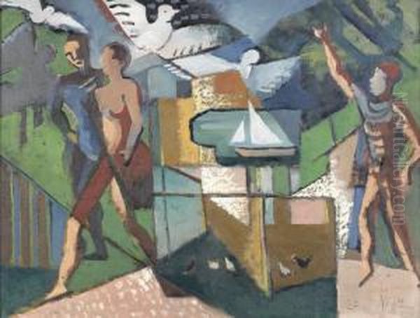 Abstrahierte Landschaft Mit Figuren Und Tauben. Oil Painting by Paul Robert Perrin