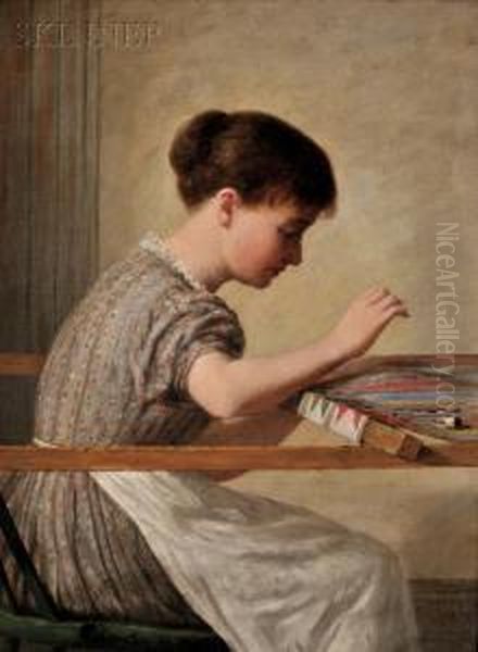 Girl Quilting Oil Painting by Enoch Wood Perry