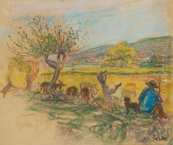 Berger Et Ses Moutons Oil Painting by Jean Misceslas Peske