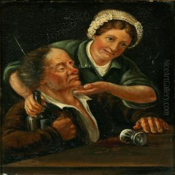 Interior From Taproom With Drunk Man And Woman Oil Painting by Magnus Petersen