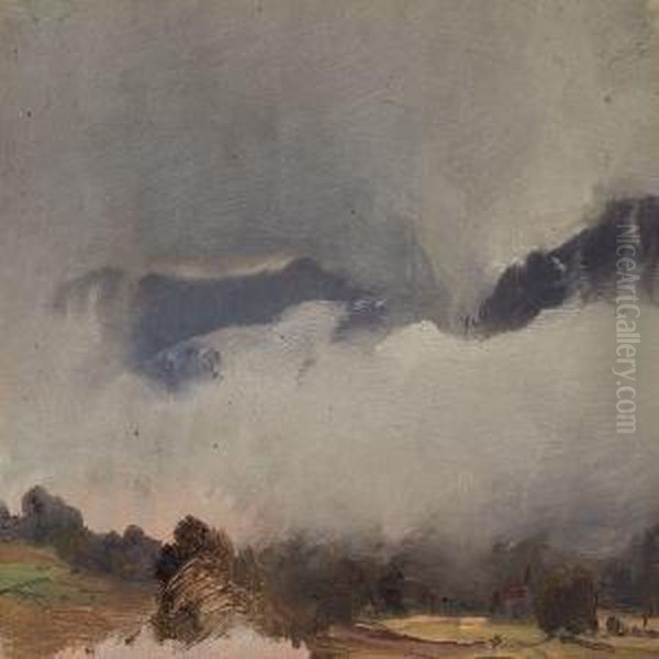 View Of A Mountainous Landscape Disappearing Into The Fog Oil Painting by Vilhelm Peter Carl Petersen