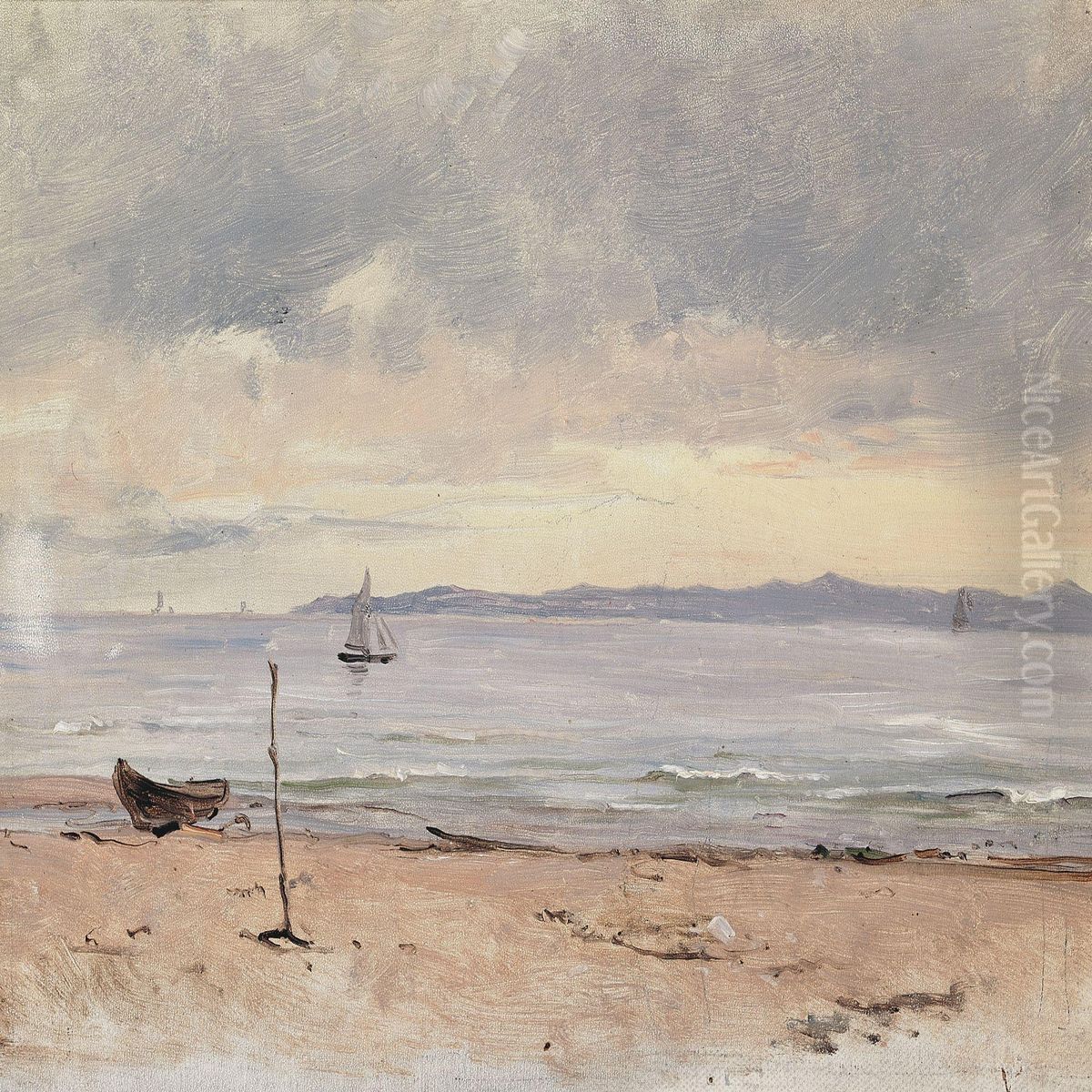 View From Hornbaek Towards Kullen, Sweden, In The Light Of The Setting Sun Oil Painting by Vilhelm Peter Carl Petersen