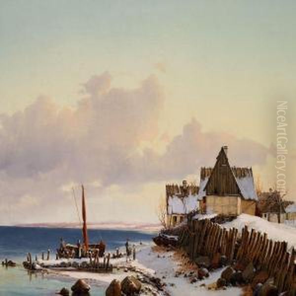 Winter Day In The Fishing Village Sletten Oil Painting by Vilhelm Peter Carl Petersen