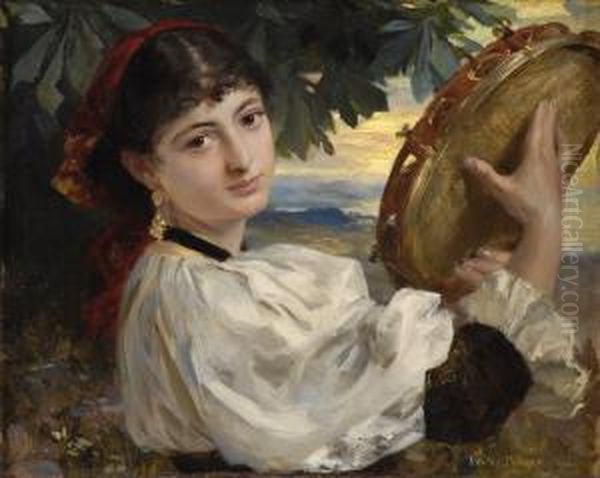 Italienerin Mit Tamburin. Oil Painting by Walter Petersen