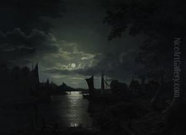 Moonlit Estuary Scene Oil Painting by Sebastian Pether