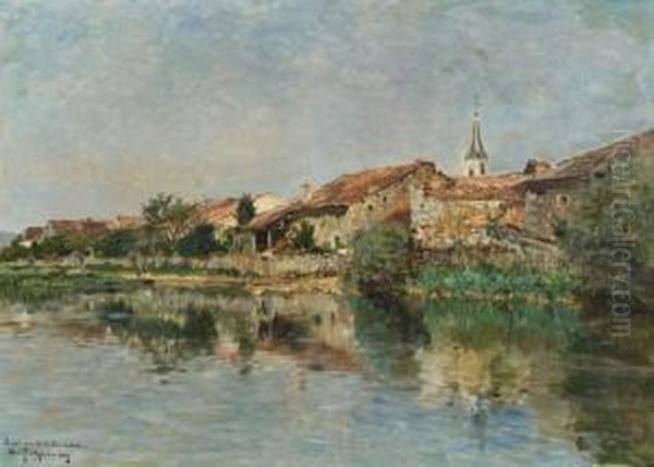 Village En Bord De Riviere Oil Painting by Edmond Marie Petitjean