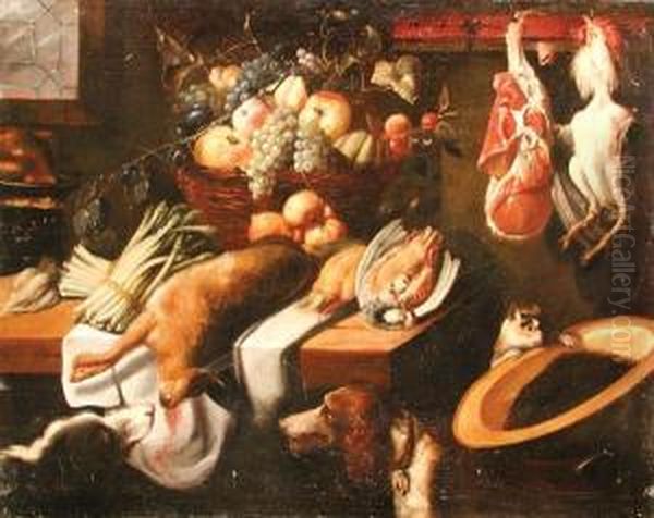 Natura Morta Con
Cacciagione, Cesto Di Frutta, Cani E Gatto Oil Painting by Astolfo Petrazzi