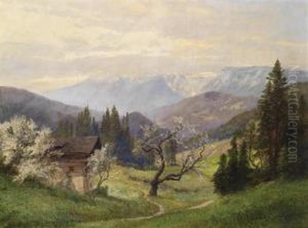 Spring, With Snow-covered Mountains In The Background Oil Painting by Konrad Petrides