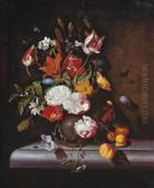 Roses, Tulips And Other Blooms In A Vase On A Ledge, With An Ant And A Beetle. Oil Painting by Franz Xaver Petter