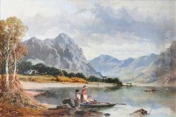 A Mountainous Lake Landscape With Children Fishing In A Boat Oil Painting by Edwin Pettitt