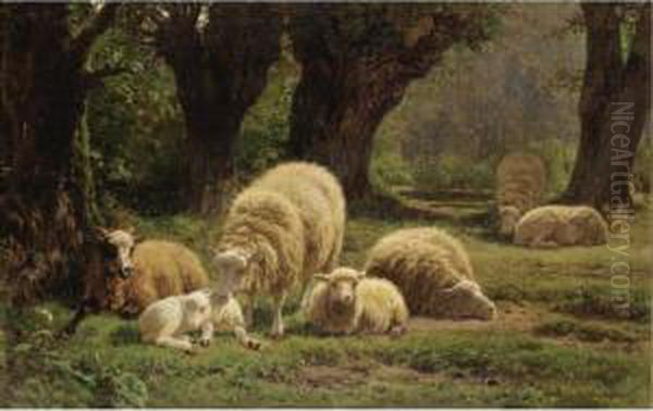 Sheep Grazing In A Wooded Clearing Oil Painting by Juliette Peyrol Bonheur