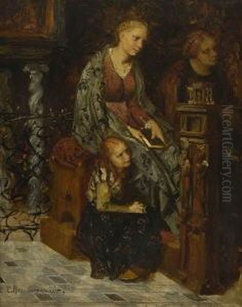 Zwei Frauen Und Ein Madchen In Der Kirchenbank. Oil Painting by Ernst Christian Pfannschmidt