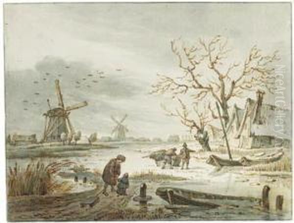Figures On The Ice Near A Village In Winter Oil Painting by Francois Joseph I Pfeiffer