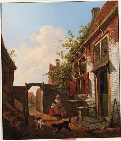 A Sunlit Courtyard With Mother And Child Peeling Vegetables Oil Painting by Francois Joseph I Pfeiffer