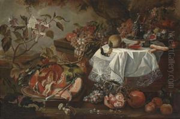 A Cut Pumpkin On A Silver Platter, Figs, Wine Glasses And Pastries On A Draped Plinth Oil Painting by Maximilian Pfeiler