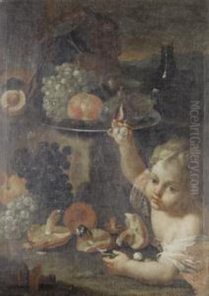 A Young Boy Eating Pumpkin, With Glasses On Apewter Tray On A Stone Ledge Oil Painting by Maximilian Pfeiler