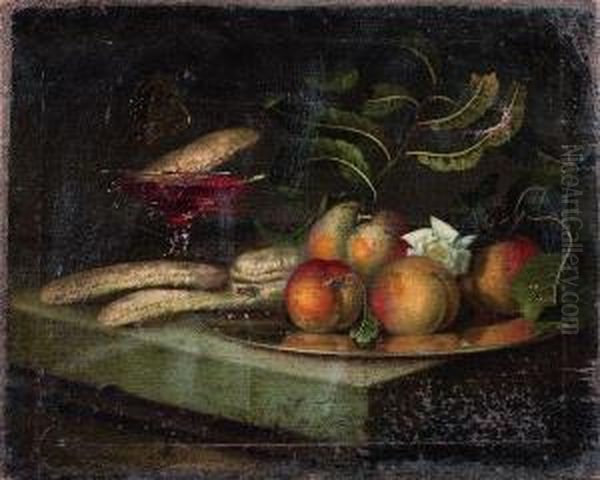 Nature Morte Au Plat De Figues Et De Peches Et 
Nature Morte Aux Peches Et Biscuits Dans Une Coupe De Vin Oil Painting by Maximilian Pfeiler