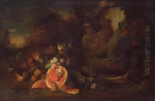 A Still Life With Fruits And Flowers Near A Fountain With Alandscape Beyond Oil Painting by Maximilian Pfeiler
