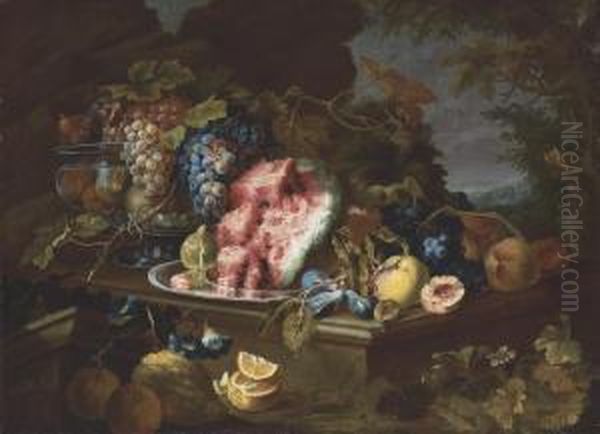 Lemons, Pears, A Fig, A Watermelon, Plums, And Grapes In A Metalvessel On A Stone Table Oil Painting by Maximilian Pfeiler