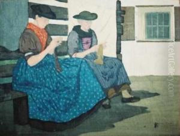 Donne Della Val Sarentino Che Lavorano A Maglia Oil Painting by Karl Pferschy