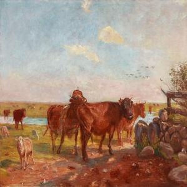Kvaeg Pa Vanderens Vaenge. Saltholm Oil Painting by Theodor Esbern Philipsen