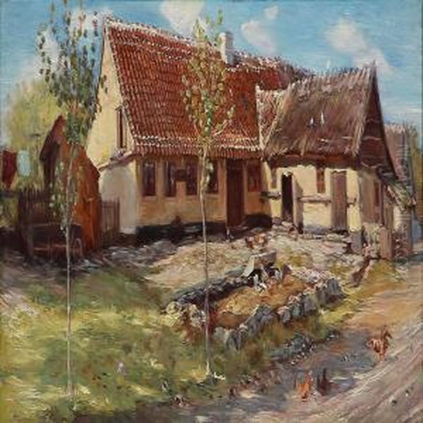 Chicken In Front Of A Farmhouse Oil Painting by Theodor Esbern Philipsen