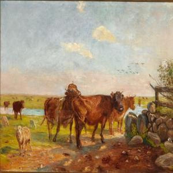 Kvaeg Pa Vanderens Vaenge. 
Saltholm Oil Painting by Theodor Esbern Philipsen