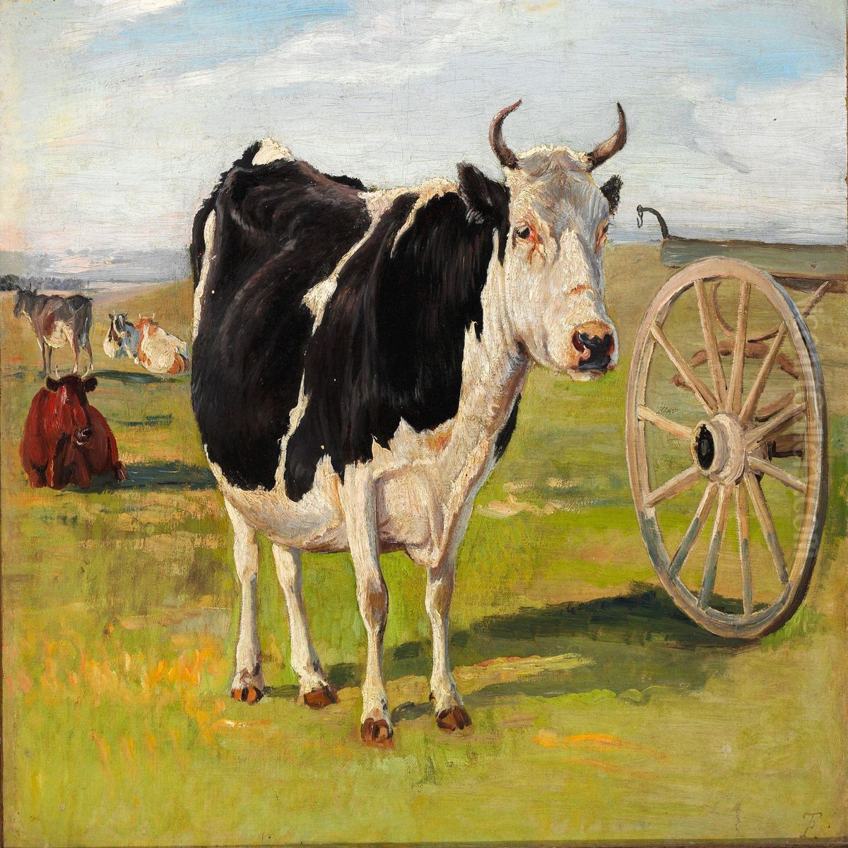 A Black-and-white Cow Oil Painting by Theodor Esbern Philipsen
