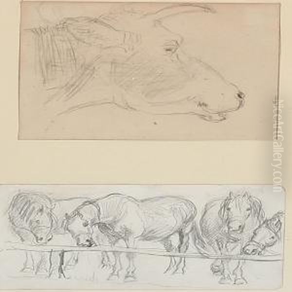 A Collection Of Six Studies Of Persons, Horses And Cattle, Mounted On Three Sheets Oil Painting by Theodor Esbern Philipsen