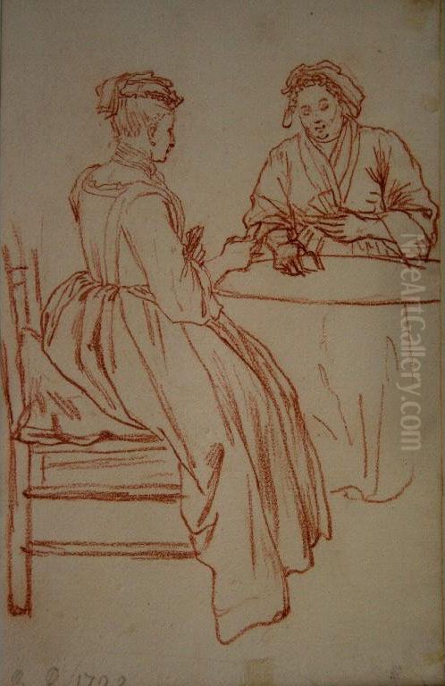 A Seamstress; Two Ladies Playing Cards At A Table Oil Painting by Bernard Picart