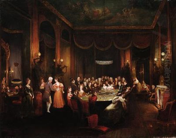 Figures Playing Baccarat In A Gaming Room Oil Painting by Henry James Pidding