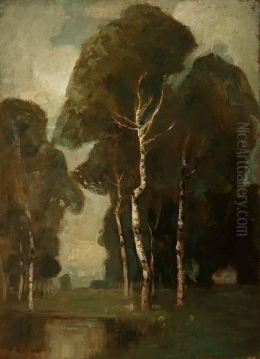 Carl J. N. Piepho . Landscape With Tall Trees Oil Painting by Carl Piepho