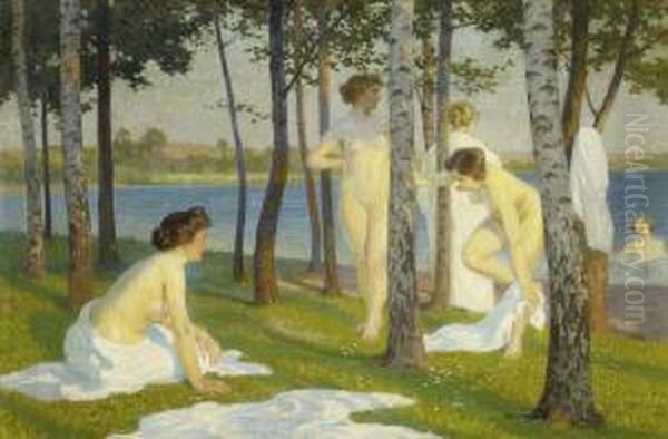 Bathing In The Lake Oil Painting by Max Pietschmann