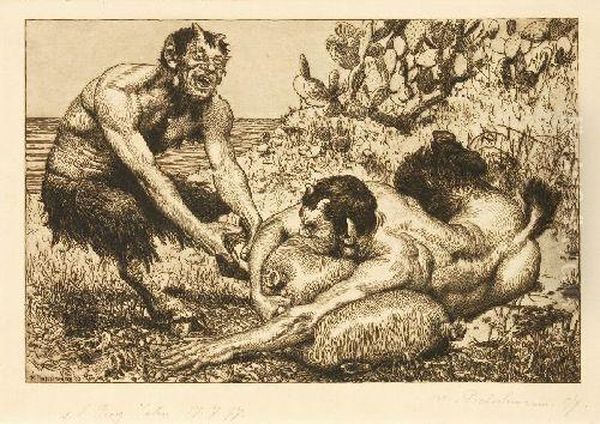 Zwei Satyrnkampfen Um Den Weinschlauch Oil Painting by Max Pietschmann