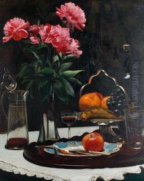 Still Life Of Flowers, Fruit And Claret Oil Painting by Harold Piffard