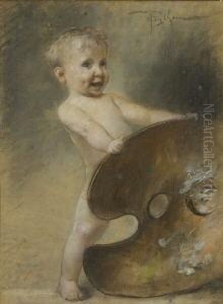 Kleiner Knabe Mit Kunstlerpalette. Oil Painting by Bruno Piglhein