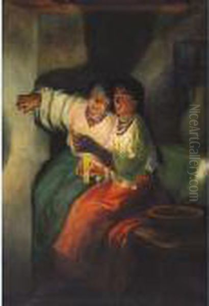 Two Girls In Candlelight Oil Painting by Nikolai Karnilovitch Pimonenko