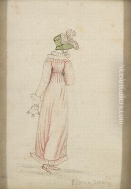 Miniature Portrait Of A Woman Walking Away. Oil Painting by Eunice Pinney