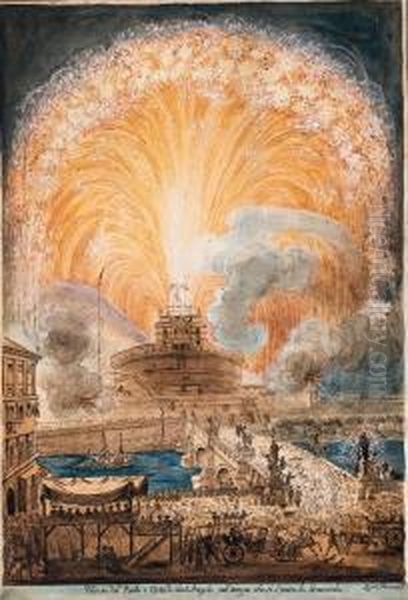 Le Feu D'artifice Au Chateau Saint-ange, Rome, D'apresdesprez Oil Painting by (attr.to) Piranesi, Laura